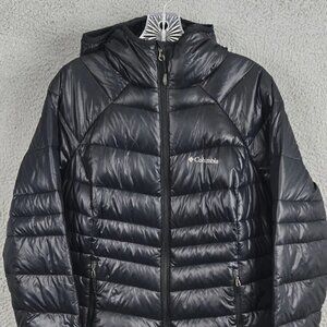Columbia Womens Down Jacket Size XL Black Hooded Puffer Omni Heat 650 TurboDown